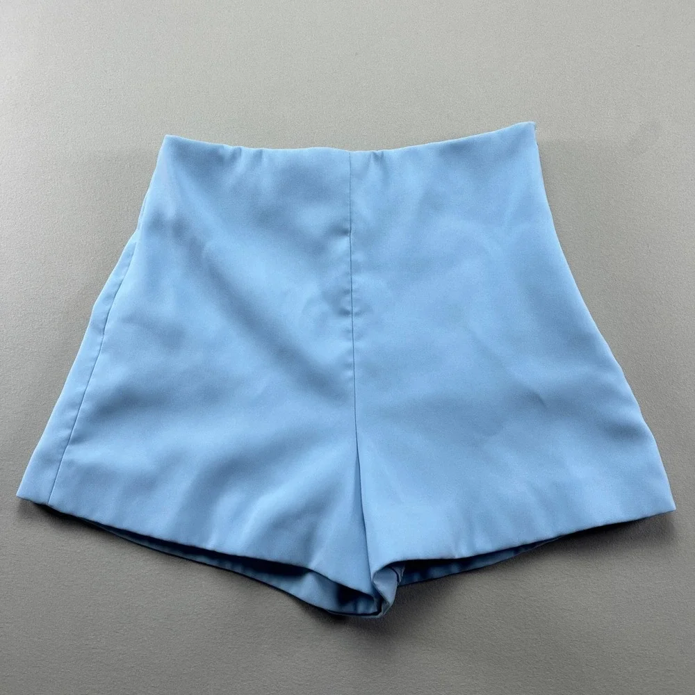 Zara High Waisted Shorts Womens XS Light Blue Side Zip Modern Minimalist Casual